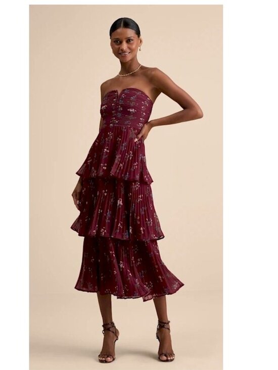 Lulus Dresses & Skirts - Lulus Hadelyn Burgundy Floral Pleated Tiered Midi Dress Size Small NWT